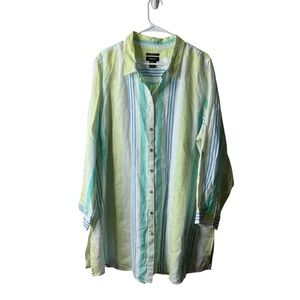 Jones & Co 100% Linen Striped Button Front Long Sleeve Tunic Blouse